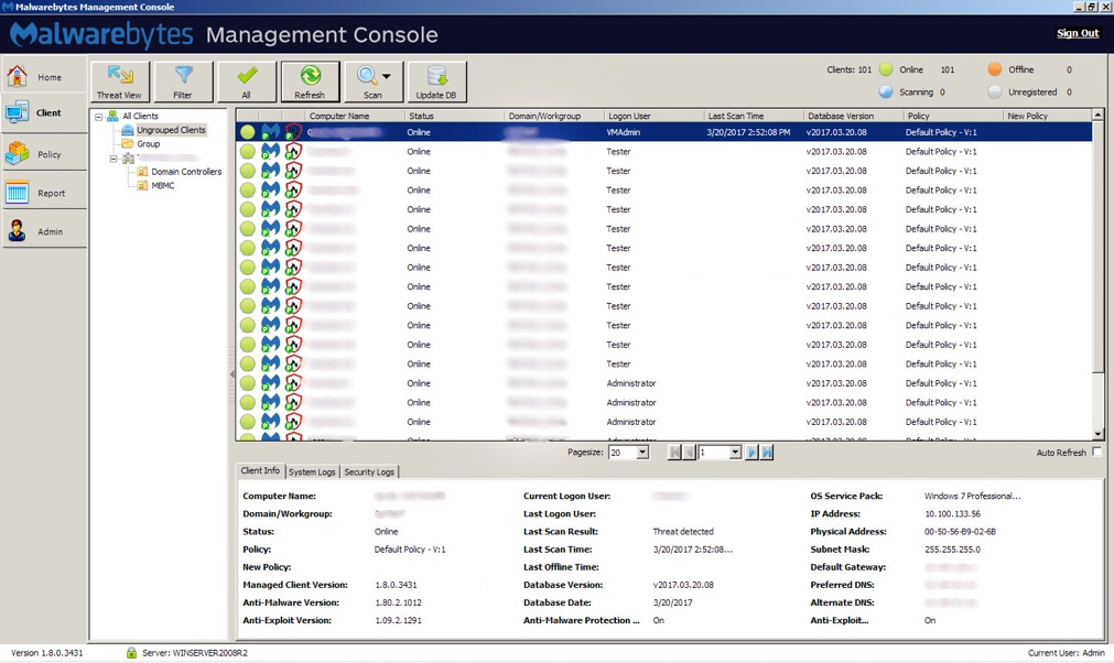 Malwarebytes Management Console: Vista dei client 