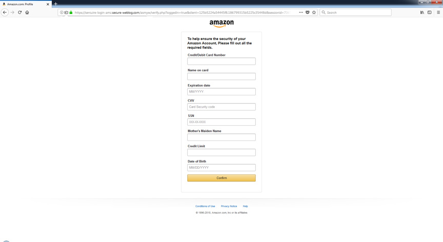 Modulo tentativo di phishing mediante falsificazione di Amazon