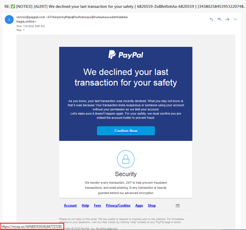 Tentativo di phishing mediante falsificazione di PayPal