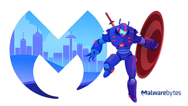 Robot leaping on the right of a Malwarebytes logo holding a shield on its side and katana on its back