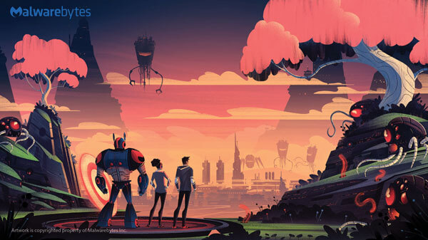 Robot standing on a launchpad with two people overlooking an infected cityscape, ready to fight (unmuted version)